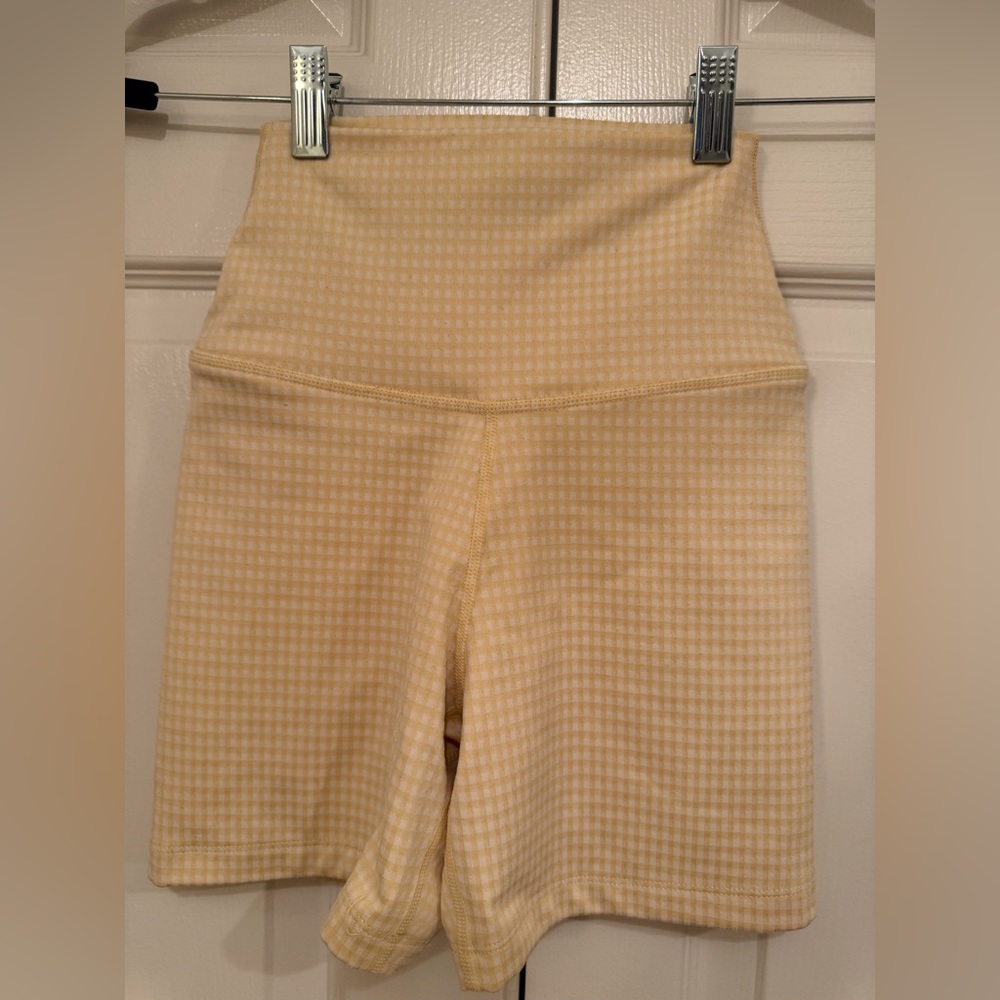 Nike tight, mid-rise running shorts, yellow-white plaid, XS